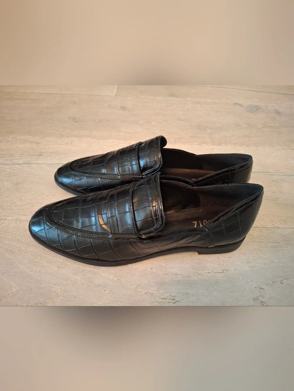 SCHUTZ Black Croc-Embossed Leather Penny Loafers